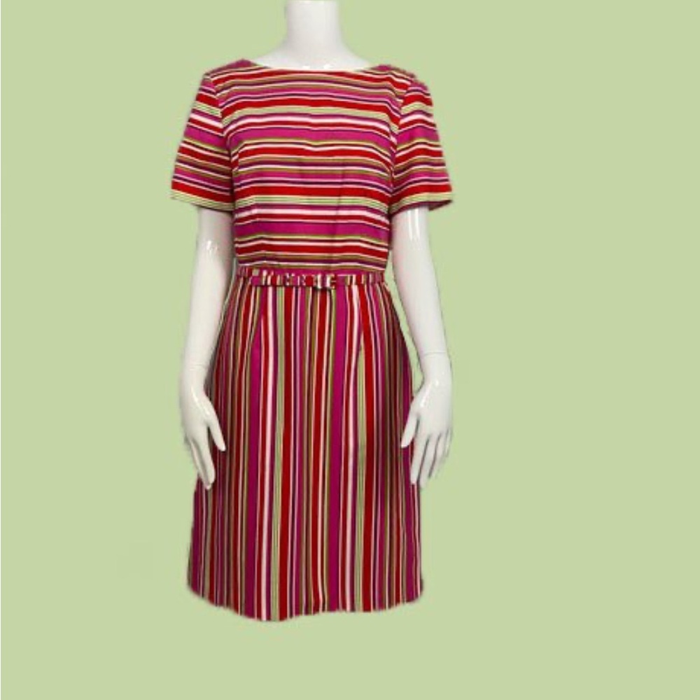 Size 4 Vintage Multicolor Stripe Short Sleeve Belted Day Dress Belted Waist